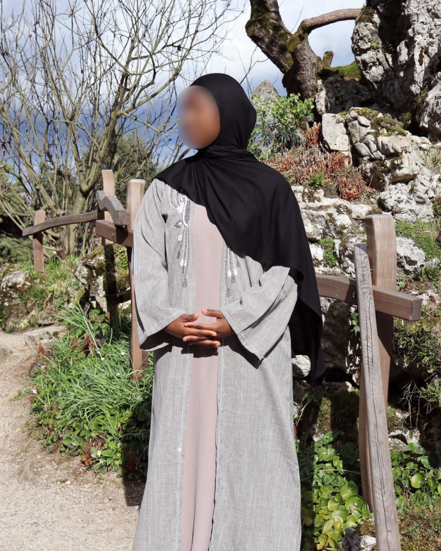 KIMONO ABAYA INTÉGRÉ - GRIS/ROSE