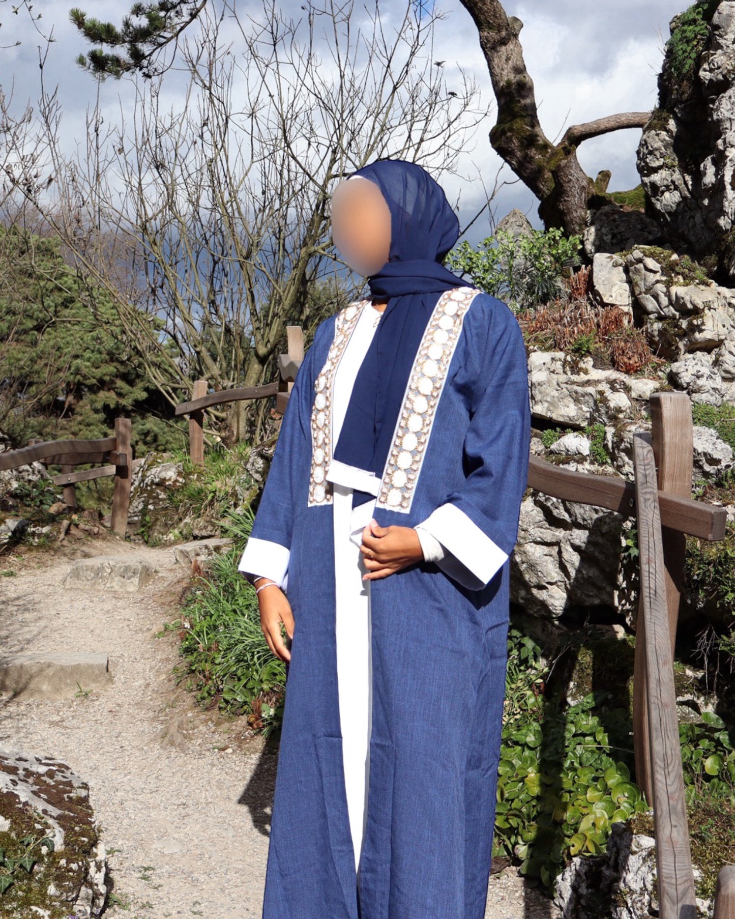 KIMONO ABAYA INTÉGRÉ - BLEU/BLANC